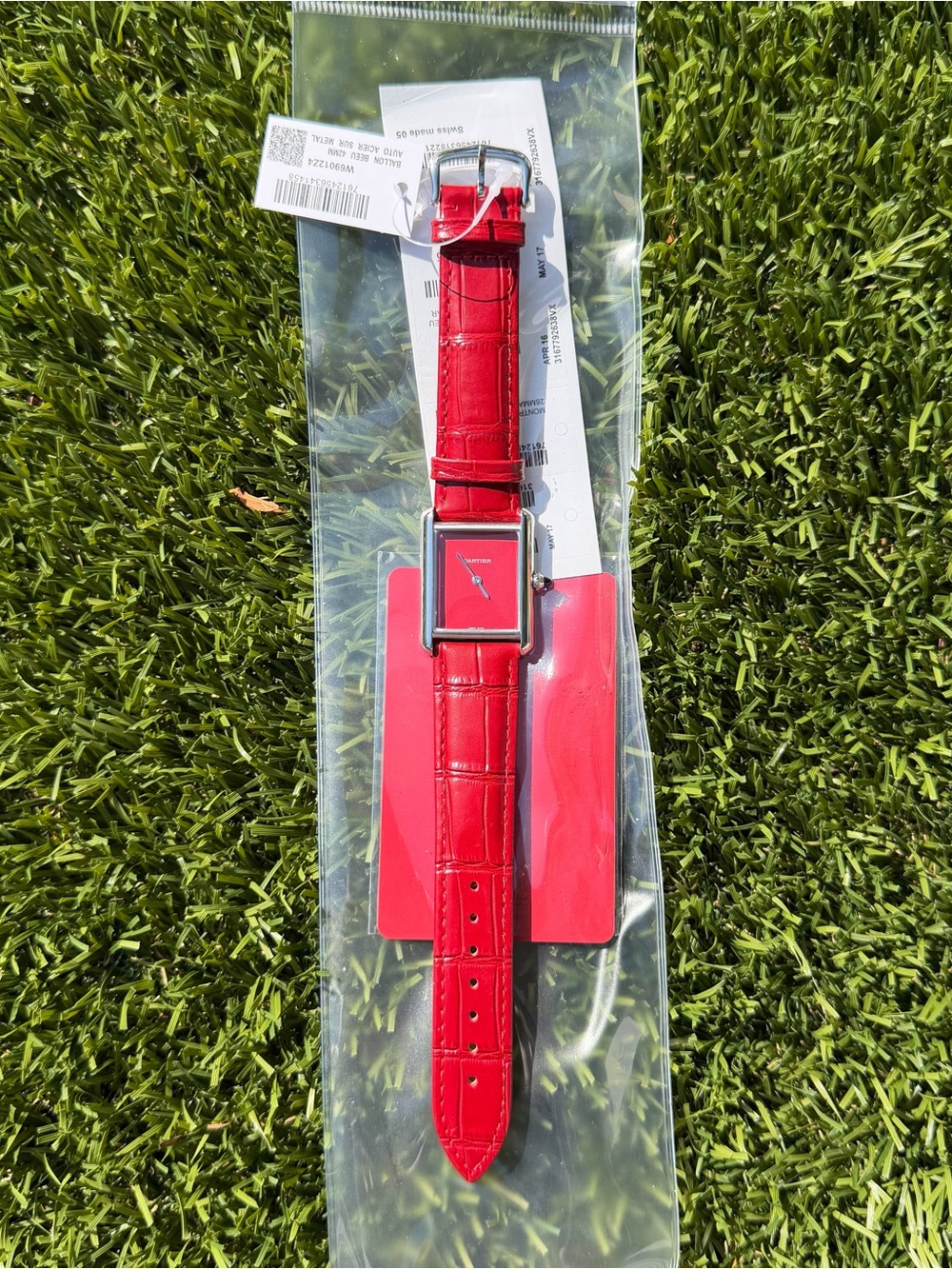 Red Square Dial Leather Strap Watch